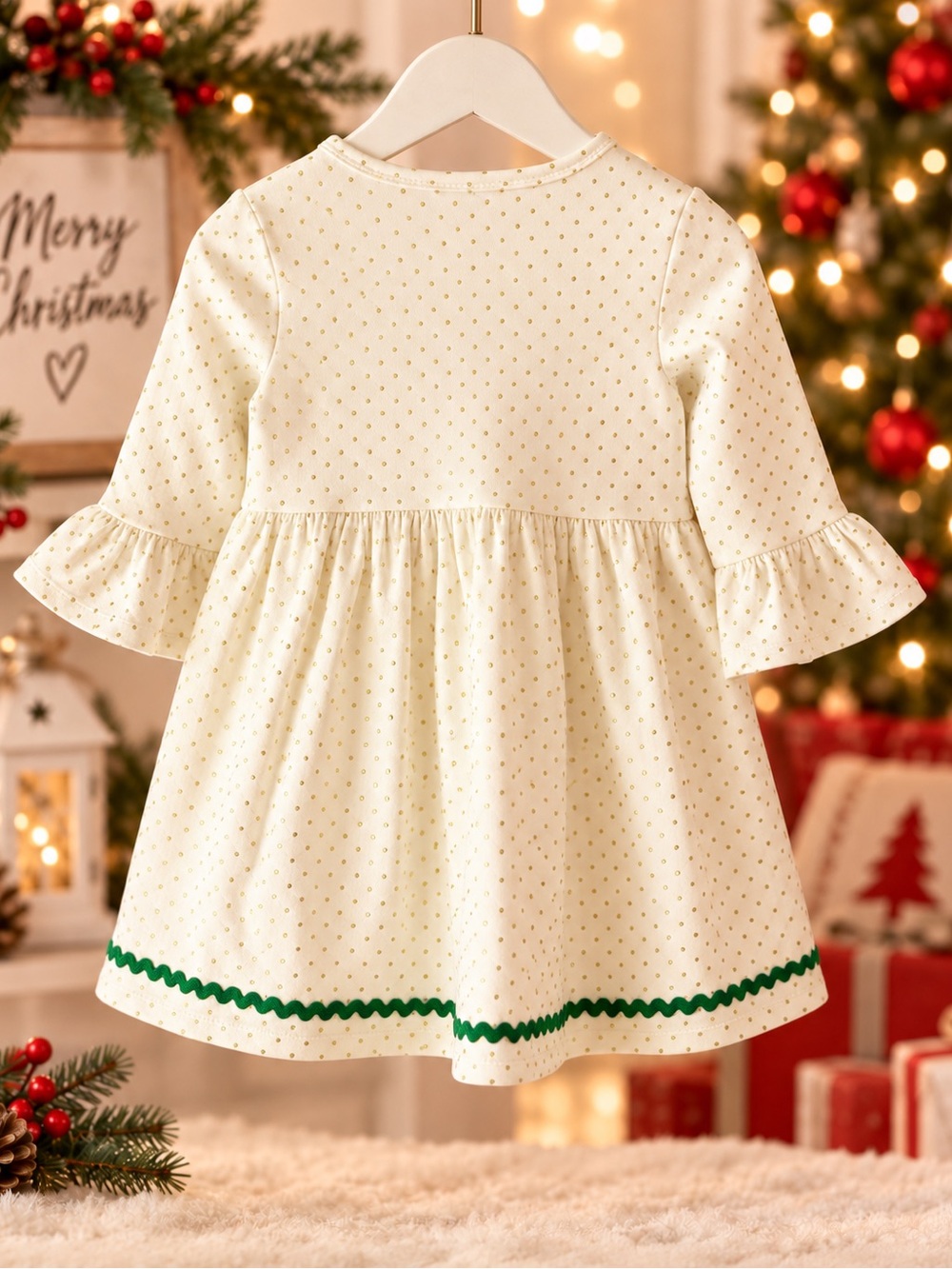 Bonnie Jean Girls 3T Ivory Gold Christmas Dress Red Bow Holiday